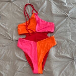 Colorblock Pink & Orange Cutout One-Piece Swimsuit